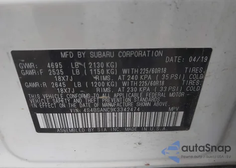 2019 Subaru Outback 2.5I Limited z USA, uszkodzony, nr VIN 4S4BSANC9K3342474